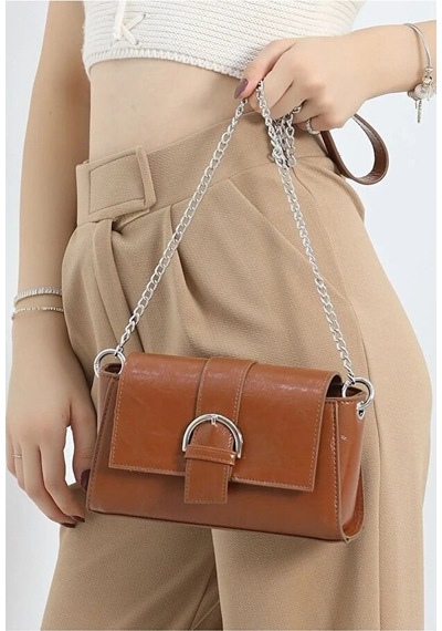 Lovelystore Kadın Deri Görünümlü Toka Detaylı Zincirli Omuz Çantası 23x13 Taba