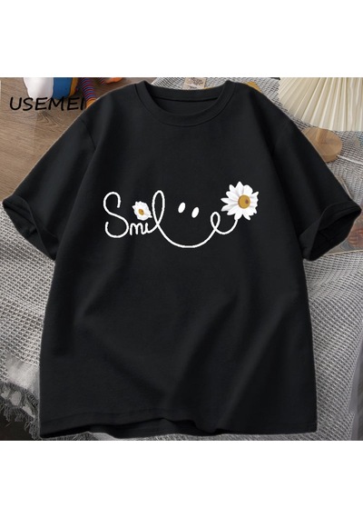 Flood Of Style Papatya Gülümseme Yüz T Shirt Yaz Çiçek Baskılı Tişört Kadın Erkek Pamuk Kısa Kollu Tshirt Bo Siyah