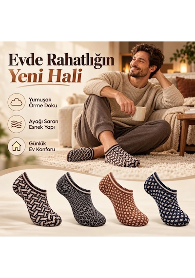 Womanandkids Wak Erkek Ev Patiği 8'li Set Geometrik Desenli Örgü Görünümlü Kısa Patik Çorap Karışık Renkli Paketler ÇoK Renkli