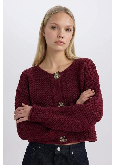 Defacto Relax Fit Bisiklet Yaka Düğmeli Örgü Desenli Triko Hırka E1962AX24WNBR43 Bordo