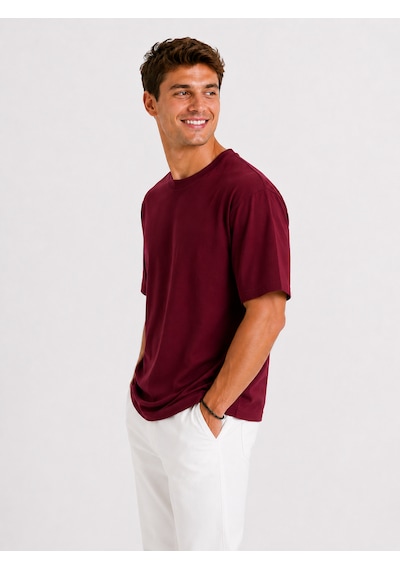 Vasto Moda Erkek Oversize Kalın Dokulu %100 Organik Pamuk Bisiklet Ribana Yakalı Bordo T-shirt