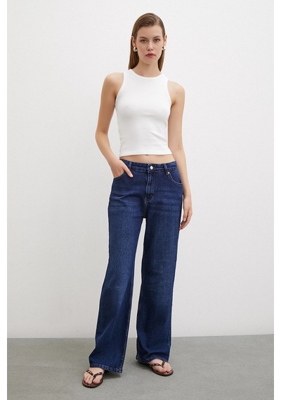 Yüksel Bel Wide Leg Jean Lacivert Lacivert
