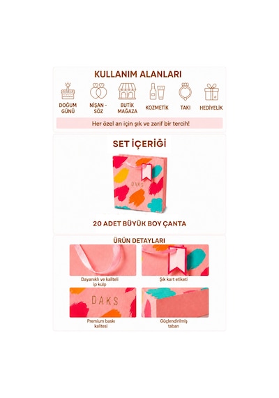 20 Adet 26 X 32 X 14 Cm - Pastel Pembe Renkli Fırça Desenli Büyük Boy Karton Hediye Çantası 3+