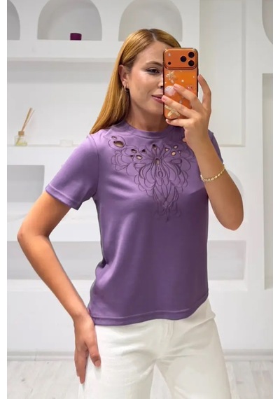 Fiolin Soft Touch Modal Kumaş Nakışlı Lazer Kesim T-shirt Mor