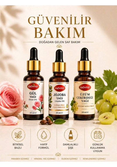 Gül+jojoba+üzüm Çekirdeği Yağı Cilt Bakım Yağ Seti 3 Lü Işıltı Ve Nem Desteği 3x20 Ml