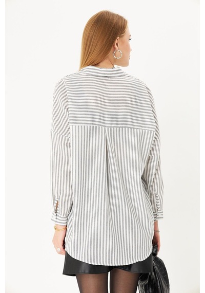 Armonika Kadın Beyaz-siyah İnce Çizgili Oversize Uzun Basic Gömlek Arm-22y001185
