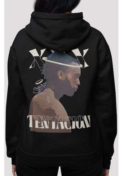 Sevbano X Tentacion Rapper Şarkıcı Sırt Baskılı Unisex Oversize Penye Hoo Siyah