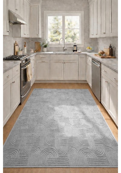 Raschel Carpet Premium Yıkanabilir Leke Tutmaz Emboss Bohem Açık Gri Mutfak Halısı Özel Seri Kaymaz Taban Halı Açık Gri