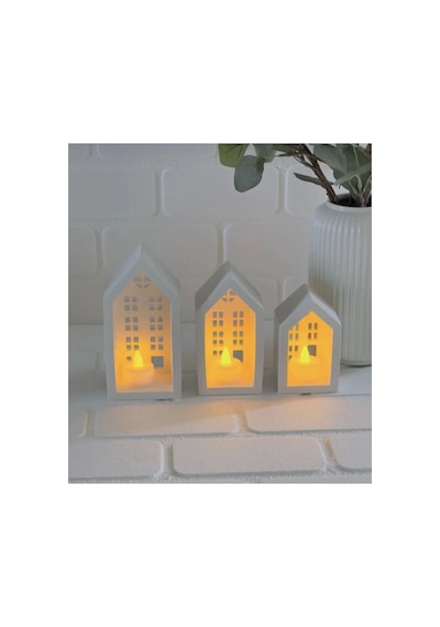 3 Lü Kış Evi 3 Adet Pilli Tealight Mumluk Dahil 21cm-19cm-16 Cm