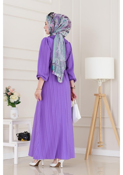 Sevitli Yakası Güpür Nova Elbise-lila-5031 Lila