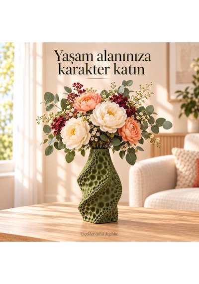 Dekoratif Vazo Burgu Formlu Taş Dokulu Modern Kuru Çiçeklik Yeşil