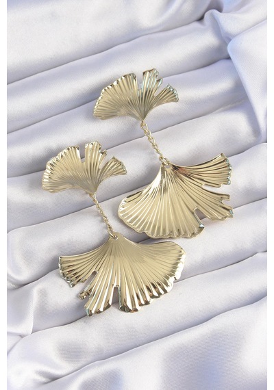 Pirinç Gold Renk Tırtıklı Yaprak Model Sallantılı Küpe