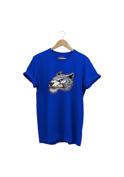 Kızgın Agresif Kurt Tasarım Baskılı %100 Pamuk Regular Fit Bisiklet Yaka Premium Mavi T-shirt Mavi