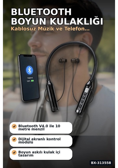 Çift Telefon Bağlantılı Titreşimli Bluetooth Boyun Kulaklığı 10m Menzil Mikrofonlu Bx-313558