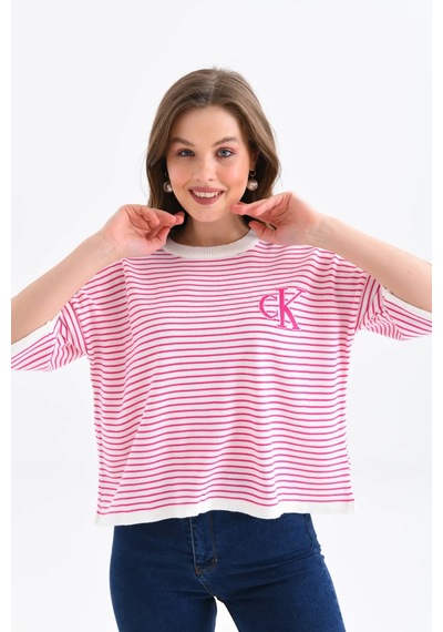 Park Karon Kadın Bisiklet Yaka Çizgili Oversize Triko Kazak 10160 Fuşya