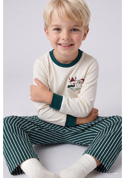 Defacto Baskılı Uzun Kollu Üst Çizgili Alt Flanel 2li Dokuma Pijama Takımı Erkek Bebek I3389a526wner118 Ekru-er118