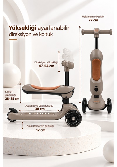 Casual C-pro 2'si 1 Arada Katlanabilir Çocuk Scooterı Kahverengi