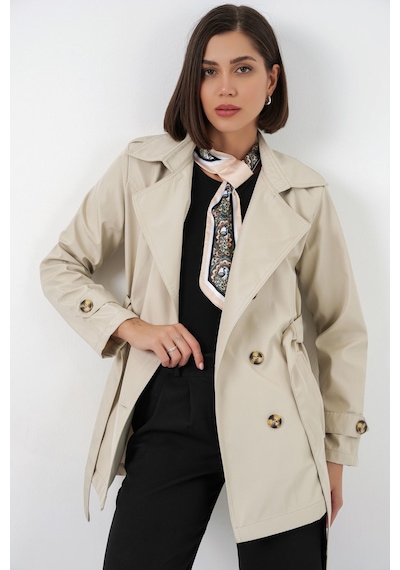Hiccup Bdart Kısa Kemerli Polyester Trençkot, Gömlek Yakalı Bej Doğal