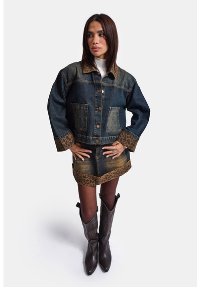 Kadın T.kot Rengi 2w6-8 Oversize Kemer Boy Leopar Detaylı Tasarım Denim Ceket Kadın T.kot Rengi 2w6-8 Oversize Kemer Boy Leopar Detaylı Tasarım Denim Ceket