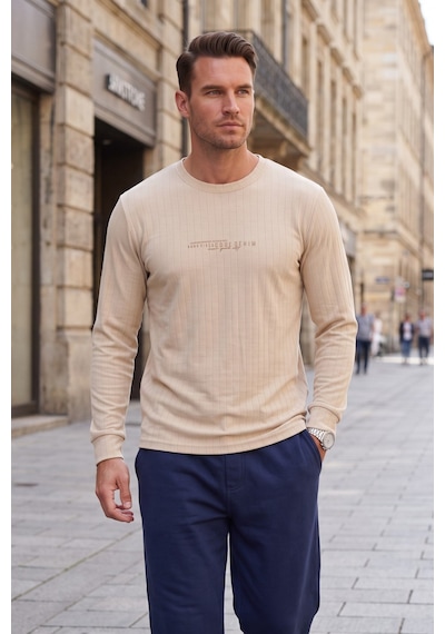 Deepsea Erkek Slim Fit Likralı Çizgi Dokulu Bej Sweatshirt Bisiklet Yaka Nakışlı Spor Şık Sweat 2708518 Deepsea Erkek Slim Fit Likralı Çizgi Dokulu Bej Sweatshirt Bisiklet Yaka Nakışlı Spor Şık Sweat 2708518