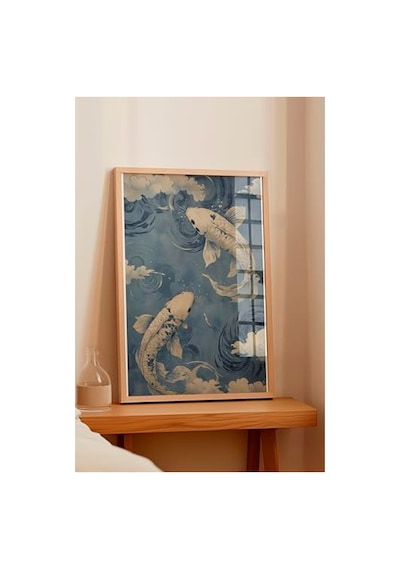 Mavi Tonlarda Koi Balıkları Ve Japon Dalgaları Temalı Ahşap Çerçeveli Tablo, 30 X 40 Cm