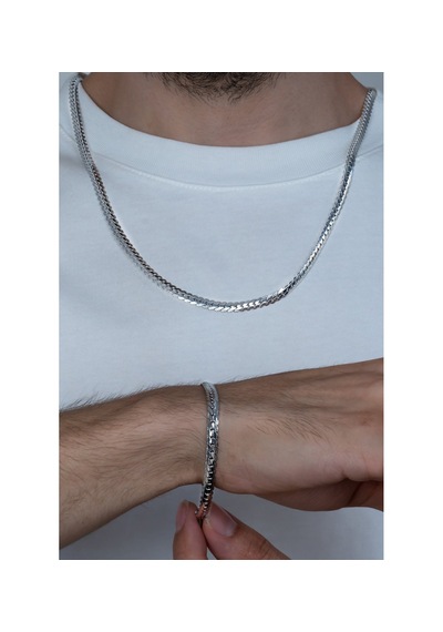 Gümüş İtalyan Ezme Yassı Yılan Çelik Unisex Set Tak... Silver