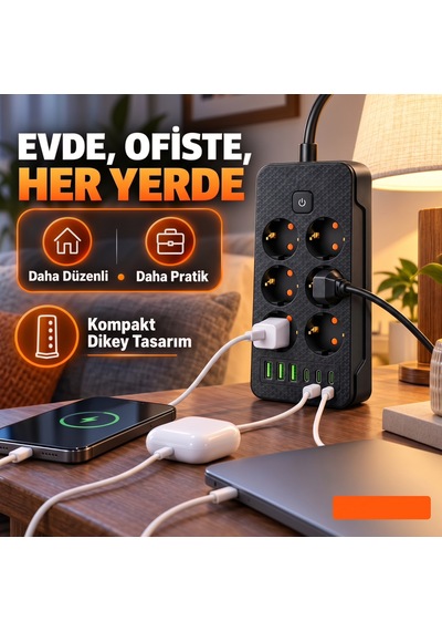2500w 6'lı Grup Priz 6 Usb Girişli 3 Type-c + 3 Usb-a Açma Kapama Anahtarlı Çoklu Priz Çoğaltıcı