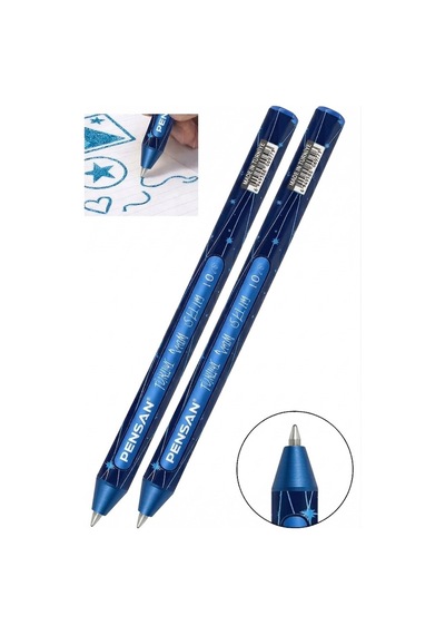 Mavi Simli Tükenmez Kalem 2 Adet Pensan Jely Simli Pilot Kalem Ergonomik Tutuş Yumuşak Yazım Siyah Defter Renkli
