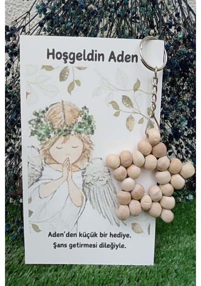 10 Adet Melek Kartlı Ahşap Yıldız Anahtarlık - Bebek Hediyesi -