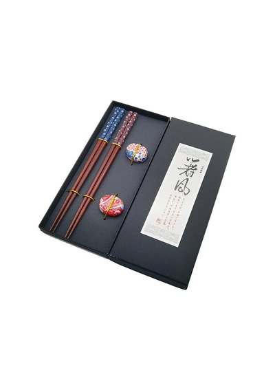 Valkyrie 2 Çift Doğal Ahşap Yemek Çubuğu Seti Seramik Çubuk Tutacaklı Kutulu Japon Chopstick Seti