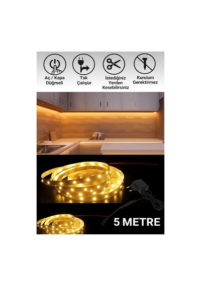 Mutfak Dolabı Tezgah Üstü Için 5 Metre Gün Işığı Şerit Led Işık Adaptörlü Anahtarlı Tak Çalıştır Günışığı Günışığı