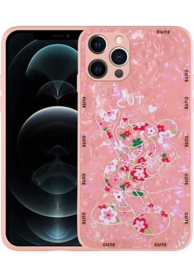 Apple Uyumlu iPhone 13 Pro Kılıf Desenli Sert Silikon Zore Mumila Kapak Pink Mouse