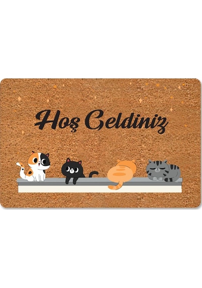 Hoş Geldiniz Yazılır Temalı Kedili Dekoratif Dış Kapı Önü Ve Iç Mekan Paspası Yıkanabilir Toz Alıcı Kahverengi