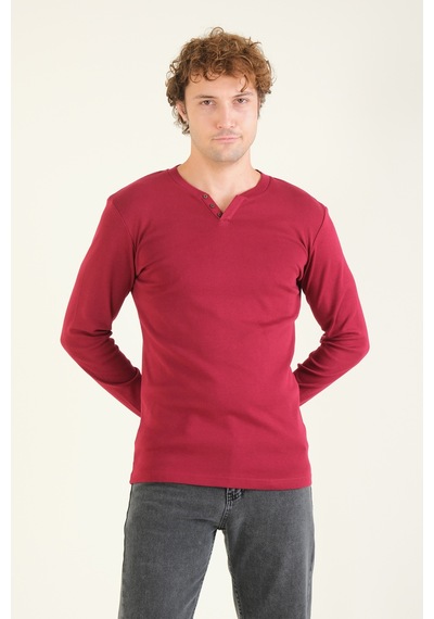 Giyim Dünyası Erkek Sıfır Yaka Düğmeli Uzun Kol Sweatshirt Bordo 001