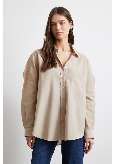 Never More Cepli Oversize Keten Gömlek Bej Bej