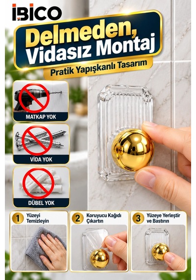 İbico 3'lü Yapışkanlı Altın Askı Seti Vidasız Montaj Güçlü Yapışkanlı Duvar Banyo Mutfak Kapı Askısı Çok Renkli