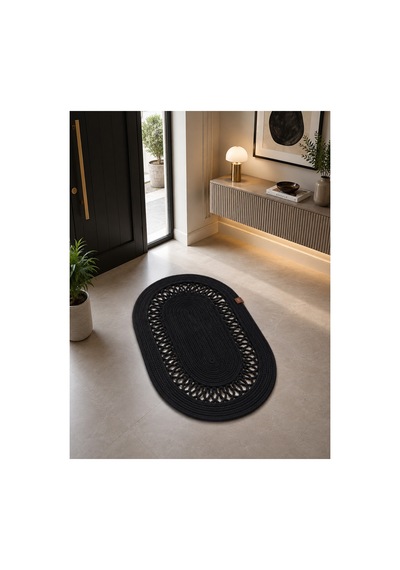 Oval Siyah Örgü Desenli Hasır 2'li Dekoratif Paspas Set 40x60 / 50x80 Siyah Siyah