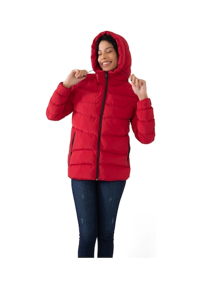 Kadın Kapüşonlu Polarlı Su Geçirmez Rüzgara Dayanıklı Şişme Mont & Kaban & Parka-35 Kırmızı