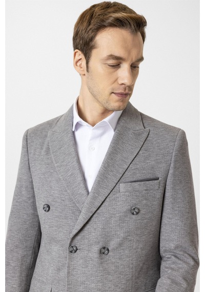 Süvari Gri Slim Fit Desenli Kruvaze Yaka 6 Drop Spor Takım Elbise