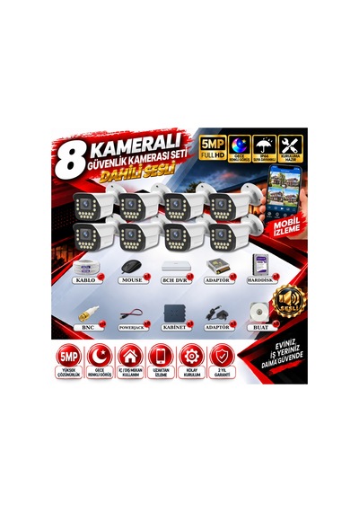 8 Kameralı Sesli Güvenlik Kamerası Seti 5mp Yapay Zeka Gece Renkli Görüş 21 Warm Led Ultra Hd 915ws