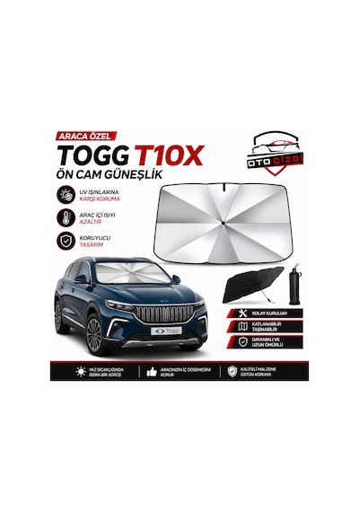Togg T10x Şemsiye Tip Ön Cam Güneşliği Katlanabilir Uv Korumalı Araç Cam Güneşlik