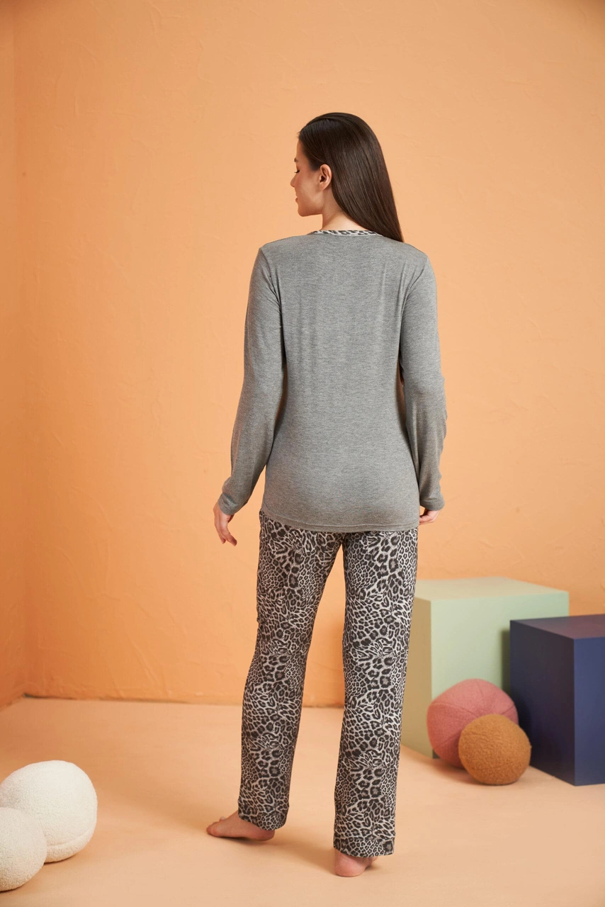 Pjs Kadın Likralı Viskon 4 Mevsim Kumaş Leoparlı Uzun Kollu Pijama Takım gri
