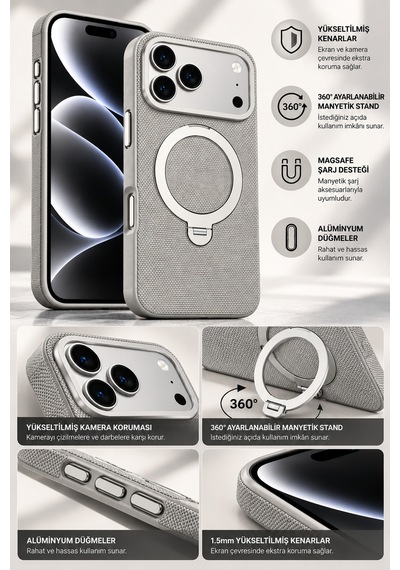 İphone 17 Pro 360 Döner Manyetik Halkalı Standlı Magsafe Uyumlu Telefon Kılıfı - Gri-15093