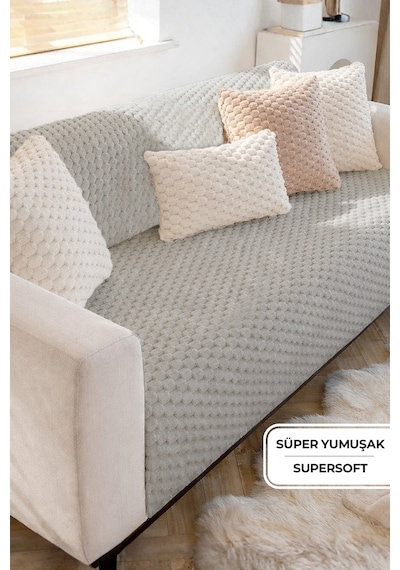 Soft Kürklü Koltuk Örtüsü 170x215 Cm Yumuşak Peluş Kaymaz Taban Kanepe Örtüsü Gri