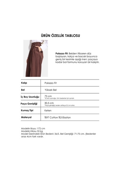 it's basic Kadın Acı Kahve Palazzo Fit Yüksek Bel Organik Keten Pantolon Acı Kahverengi