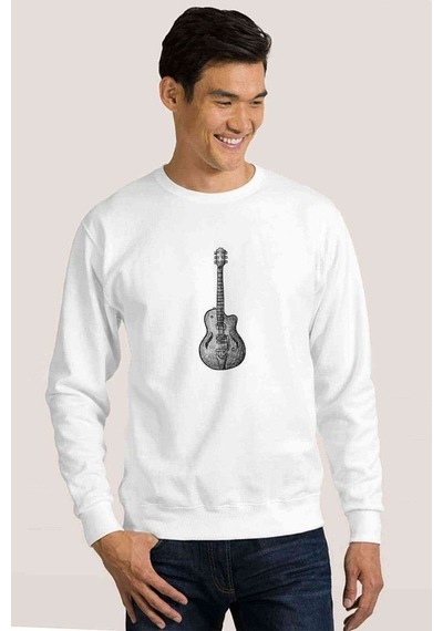 Drawing Classic Guitar Baskılı Beyaz Erkek Örme Sweatshirt