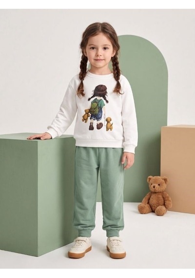 Zekids Kız Çocuk Ekru Baskılı Sweatshirt Ve Yeşil Jogger Eşofman Takımı-17434 Beyaz