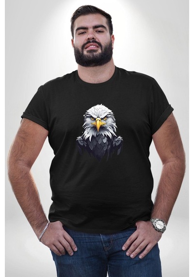 Angemiel Siyah Beyaz Şahin Kafası Siyah Büyük Beden Erkek Kadın Unisex Basic Ön Baskılı Tişört Siyah
