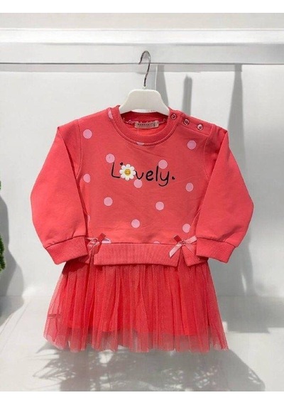 Zekids Kız Bebek Lovely Yazılı Tütü Etekli Pamuk Elbise-14832 Neon Pembe