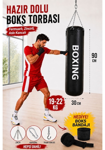 Boxing 90 Cm Yetişkin Model Hazır Dolu Boks Torbası Ve Zinciri - Hediye Boks Bandajı Siyah